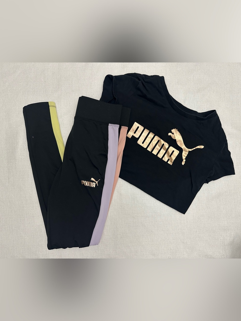 PUMA Girls XL (14/16) Two‑Piece Set – Black Gold Logo Tee & Color‑Block Leggings